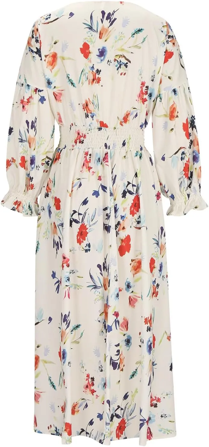 Fall Dresses for Women 2024 Casual Midi Loose V Neck Ruffle Long Sleeve Dress Tiered Flowy Empire Waist Beach Dresses