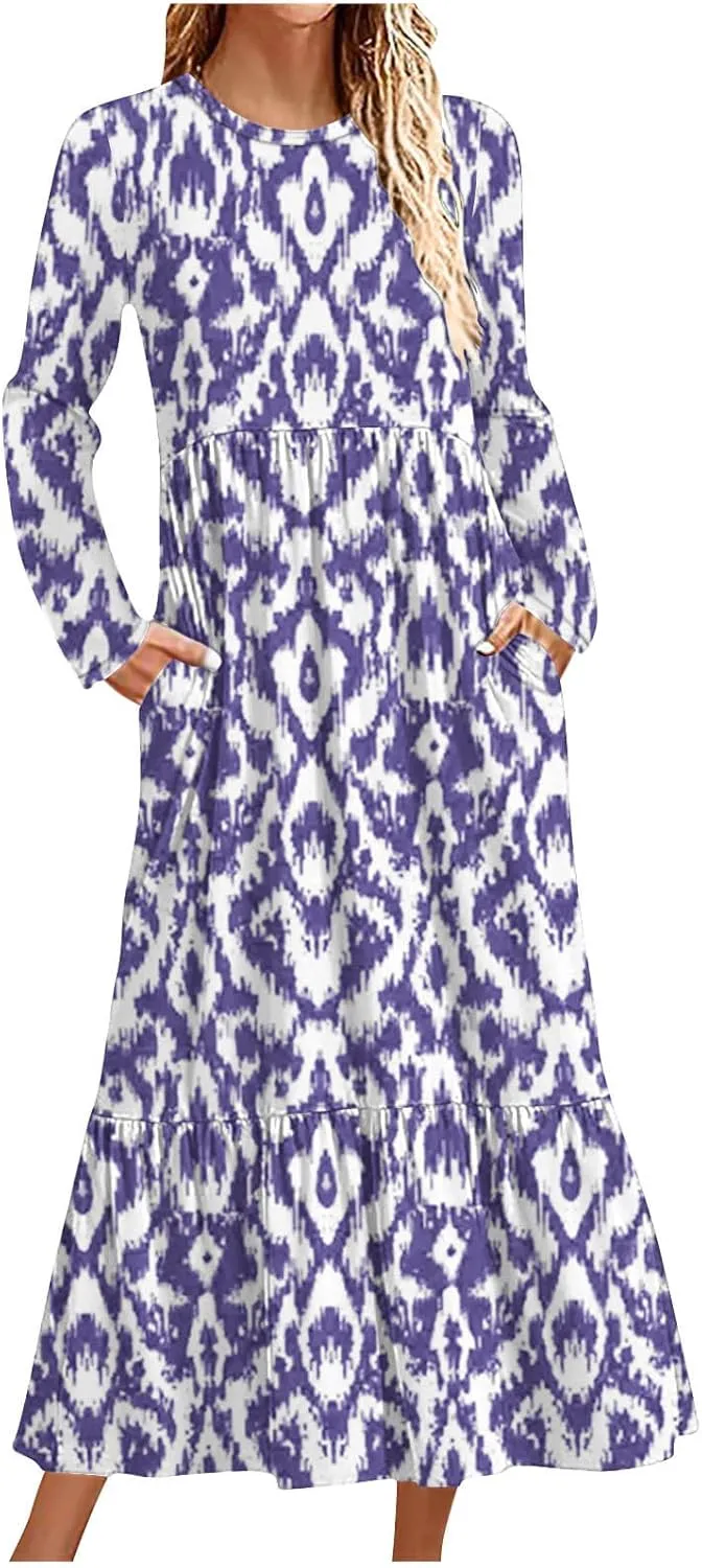 Fall Maxi Dresses for Women 2024 Plus Size Casual Long Sleeve Dresses Floral Boho Long Dress Wedding Guest Dress Long Dress Purple XL