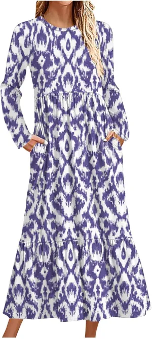 Fall Maxi Dresses for Women 2024 Plus Size Casual Long Sleeve Dresses Floral Boho Long Dress Wedding Guest Dress Long Dress Purple XL