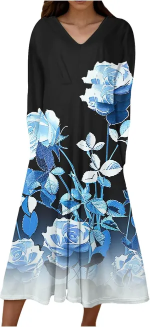 Fall Maxi Dresses for Women 2024 Trendy Long Sleeve V Neck High Waist Long Dress Flowy Swing Pleated Midi Dresses Casual Fall Dresses for Women Blue M