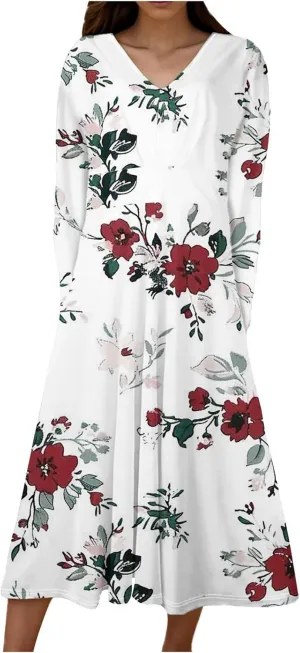 Fall Maxi Dresses for Women 2024 Trendy Long Sleeve V Neck High Waist Long Dress Flowy Swing Pleated Midi Dresses Long Sleeve Dress White L