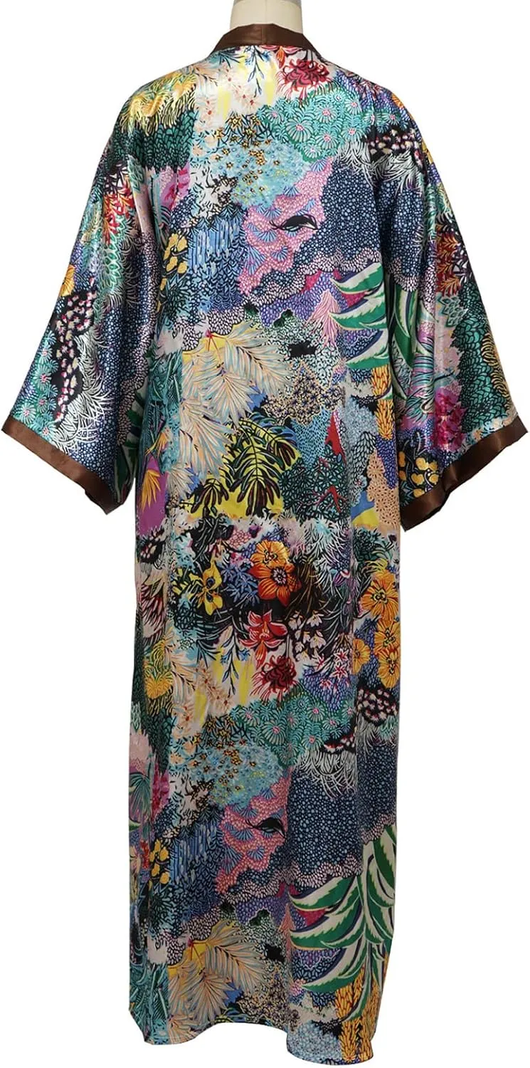 Famnbro Women's Floral Print Satin Robe Kimono Cardigan Open Front Long Cover Ups Outerwear One Size