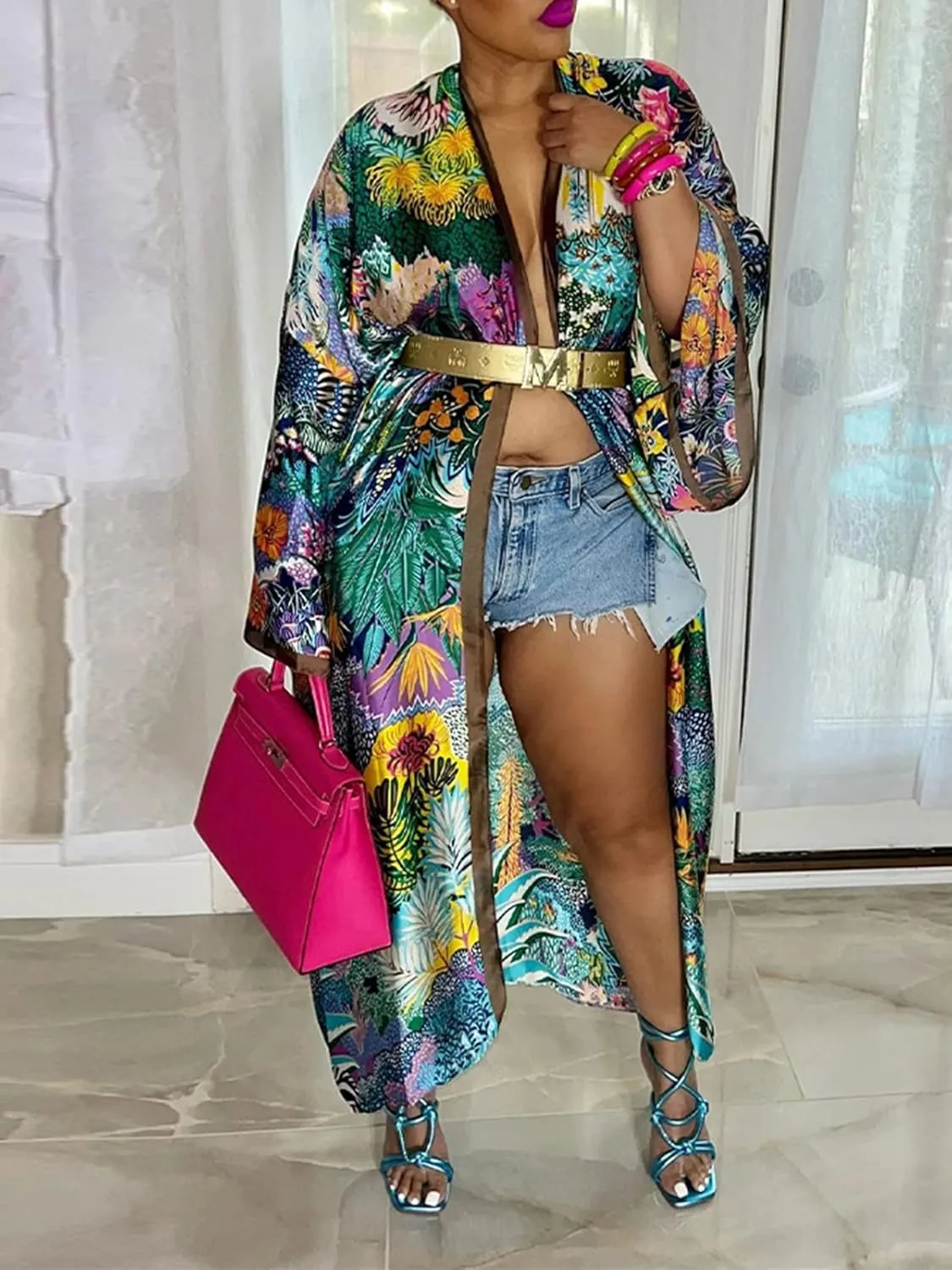 Famnbro Women's Floral Print Satin Robe Kimono Cardigan Open Front Long Cover Ups Outerwear One Size