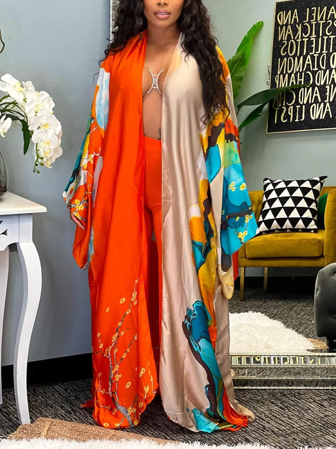 Famnbro Women's Floral Print Satin Robe Kimono Cardigan Open Front Long Cover Ups Outerwear One Size