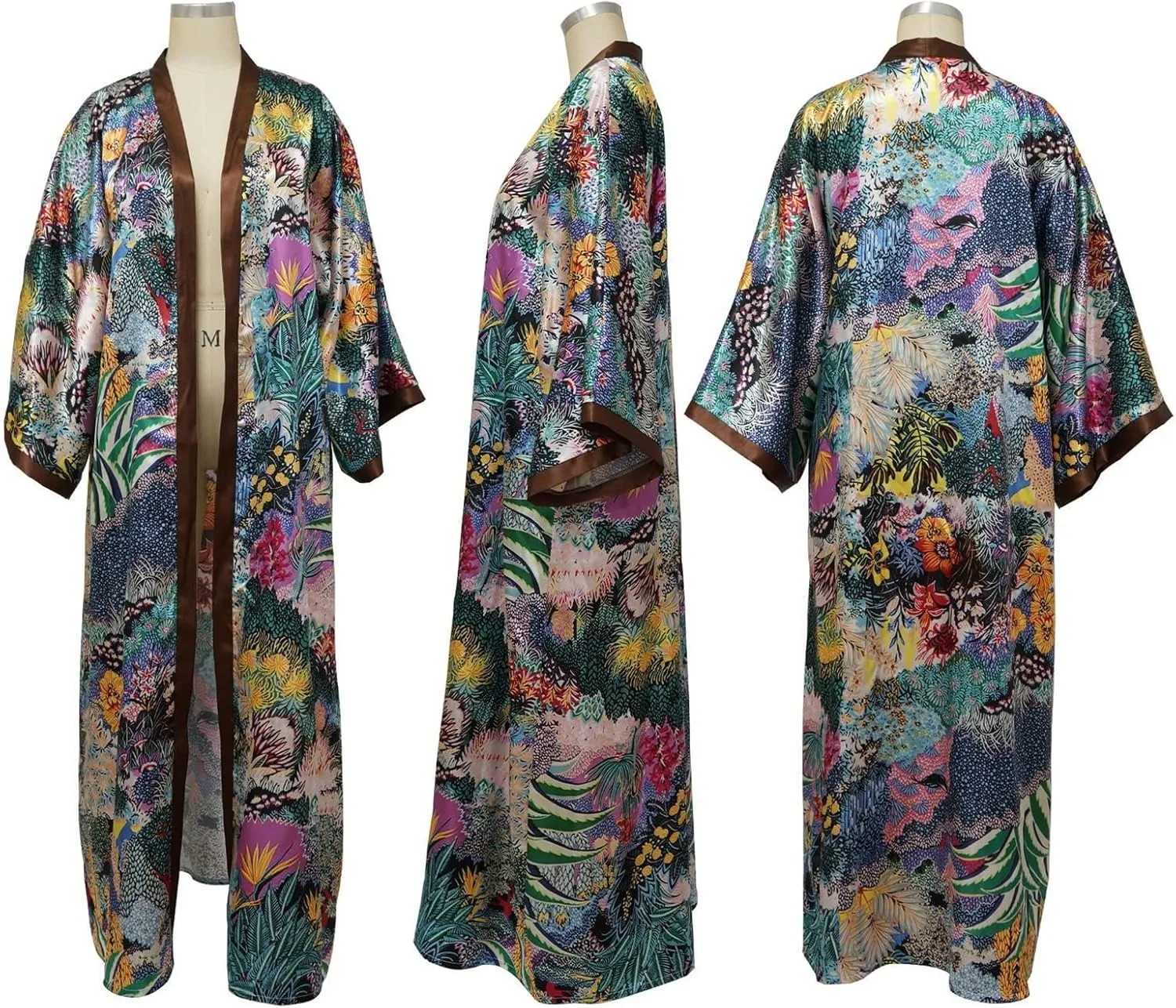 Famnbro Women's Floral Print Satin Robe Kimono Cardigan Open Front Long Cover Ups Outerwear One Size
