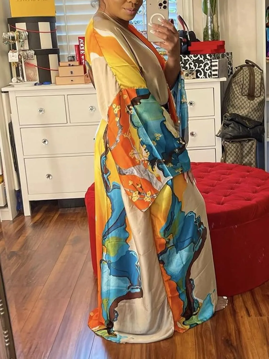 Famnbro Women's Floral Print Satin Robe Kimono Cardigan Open Front Long Cover Ups Outerwear One Size