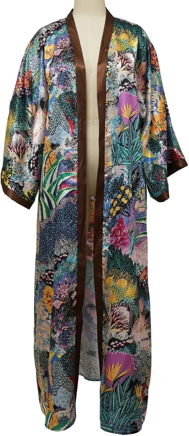 Famnbro Women's Floral Print Satin Robe Kimono Cardigan Open Front Long Cover Ups Outerwear One Size