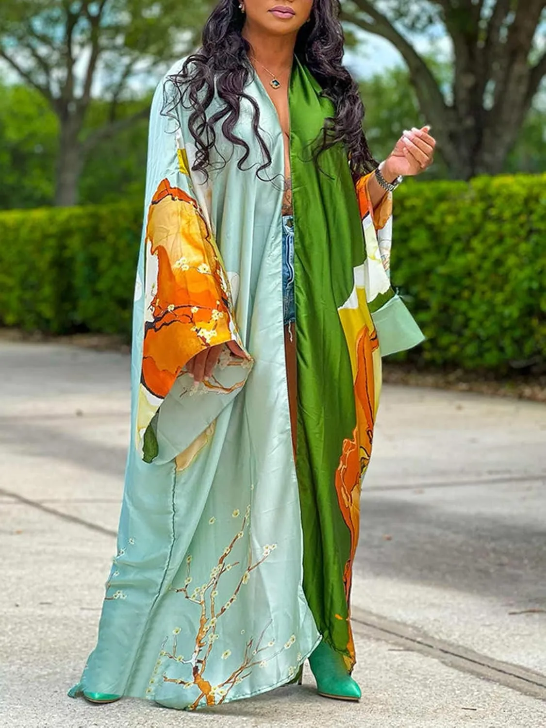 Famnbro Women's Floral Print Satin Robe Kimono Cardigan Open Front Long Cover Ups Outerwear One Size