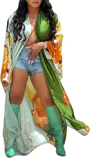 Famnbro Women's Floral Print Satin Robe Kimono Cardigan Open Front Long Cover Ups Outerwear One Size