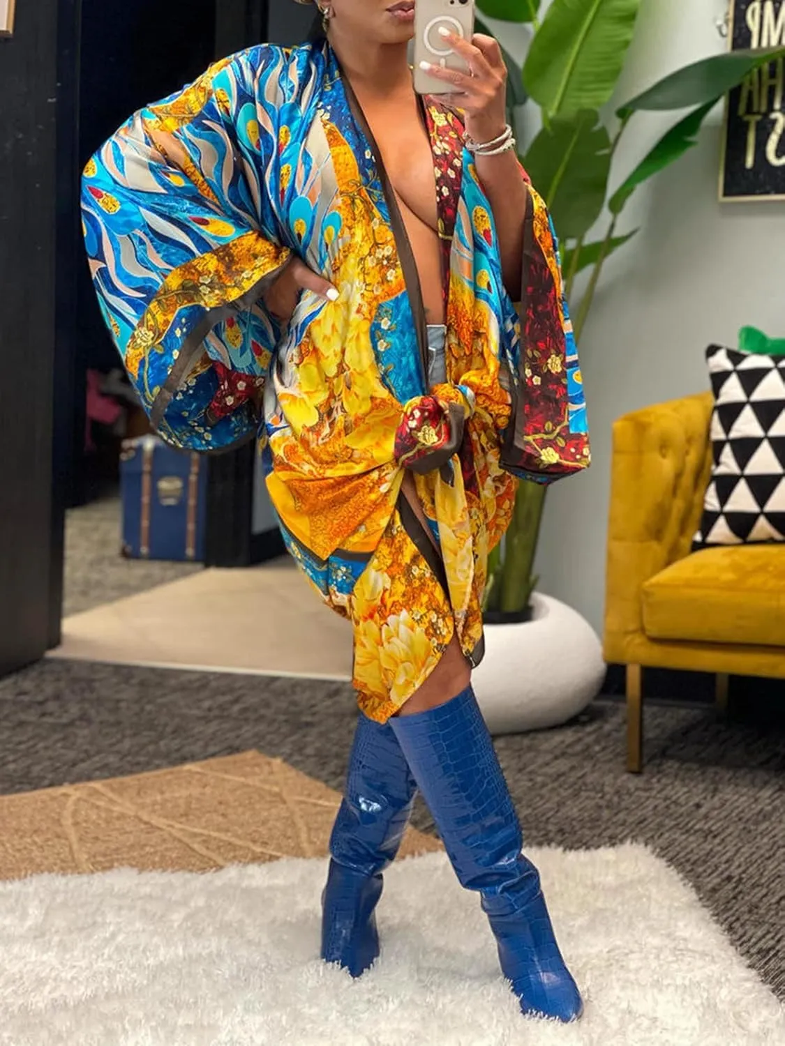 Famnbro Women's Floral Print Satin Robe Kimono Cardigan Open Front Long Cover Ups Outerwear One Size