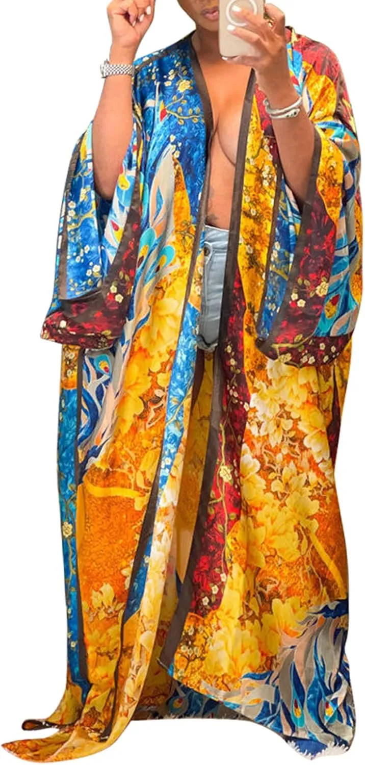 Famnbro Women's Floral Print Satin Robe Kimono Cardigan Open Front Long Cover Ups Outerwear One Size