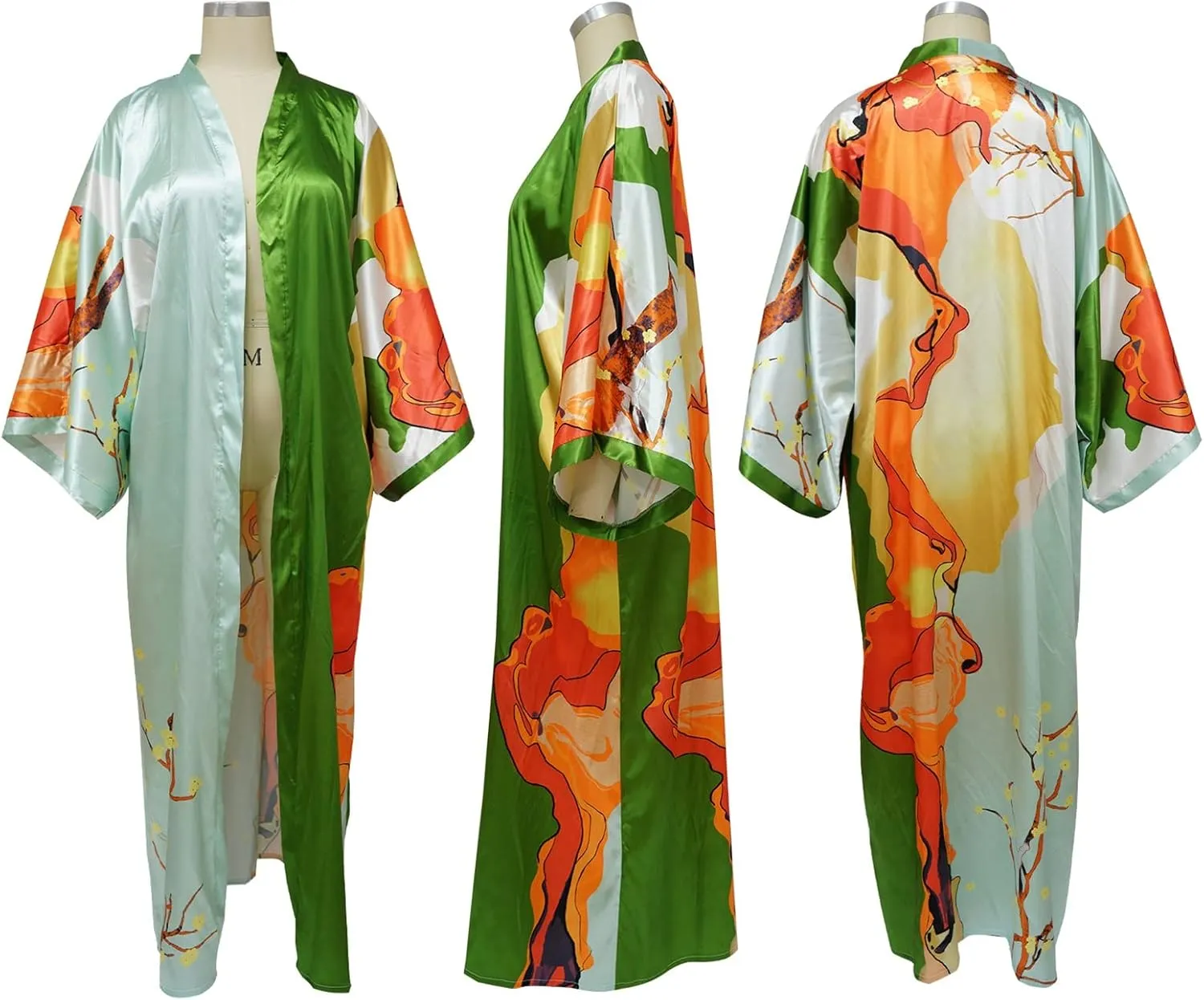 Famnbro Women's Floral Print Satin Robe Kimono Cardigan Open Front Long Cover Ups Outerwear One Size