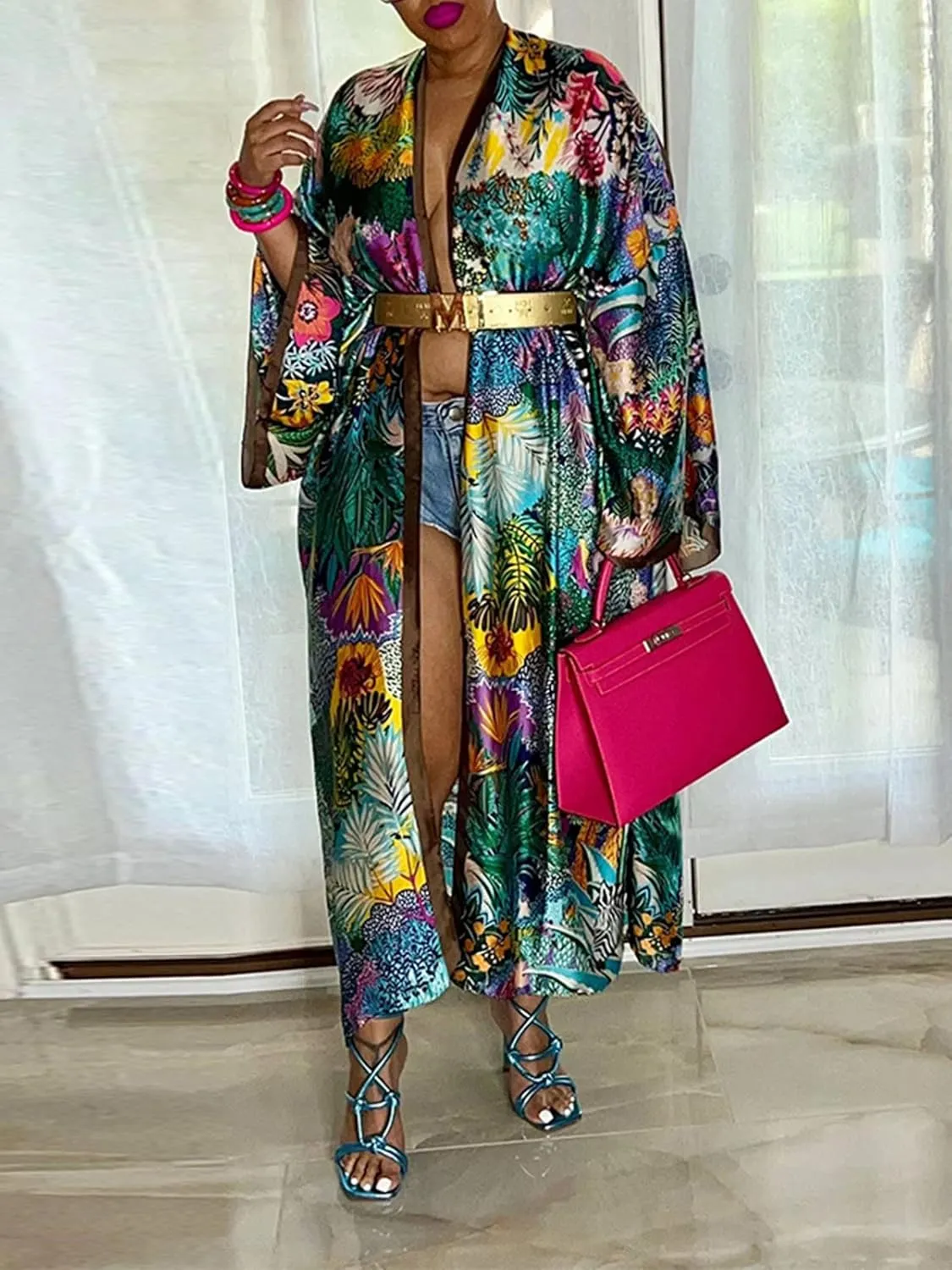 Famnbro Women's Floral Print Satin Robe Kimono Cardigan Open Front Long Cover Ups Outerwear One Size