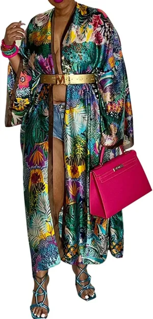 Famnbro Women's Floral Print Satin Robe Kimono Cardigan Open Front Long Cover Ups Outerwear One Size