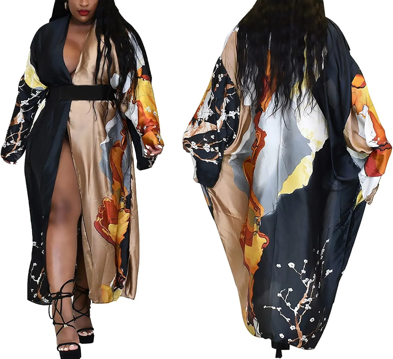 Famnbro Women's Floral Print Satin Robe Kimono Cardigan Open Front Long Cover Ups Outerwear One Size