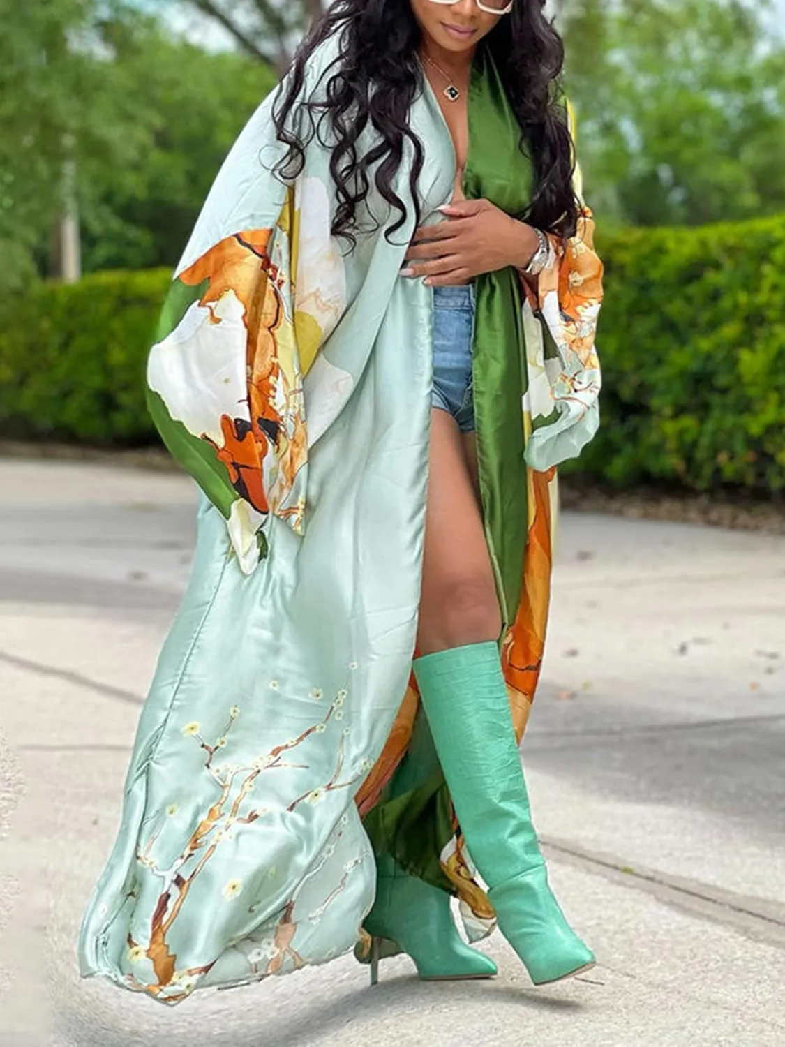 Famnbro Women's Floral Print Satin Robe Kimono Cardigan Open Front Long Cover Ups Outerwear One Size