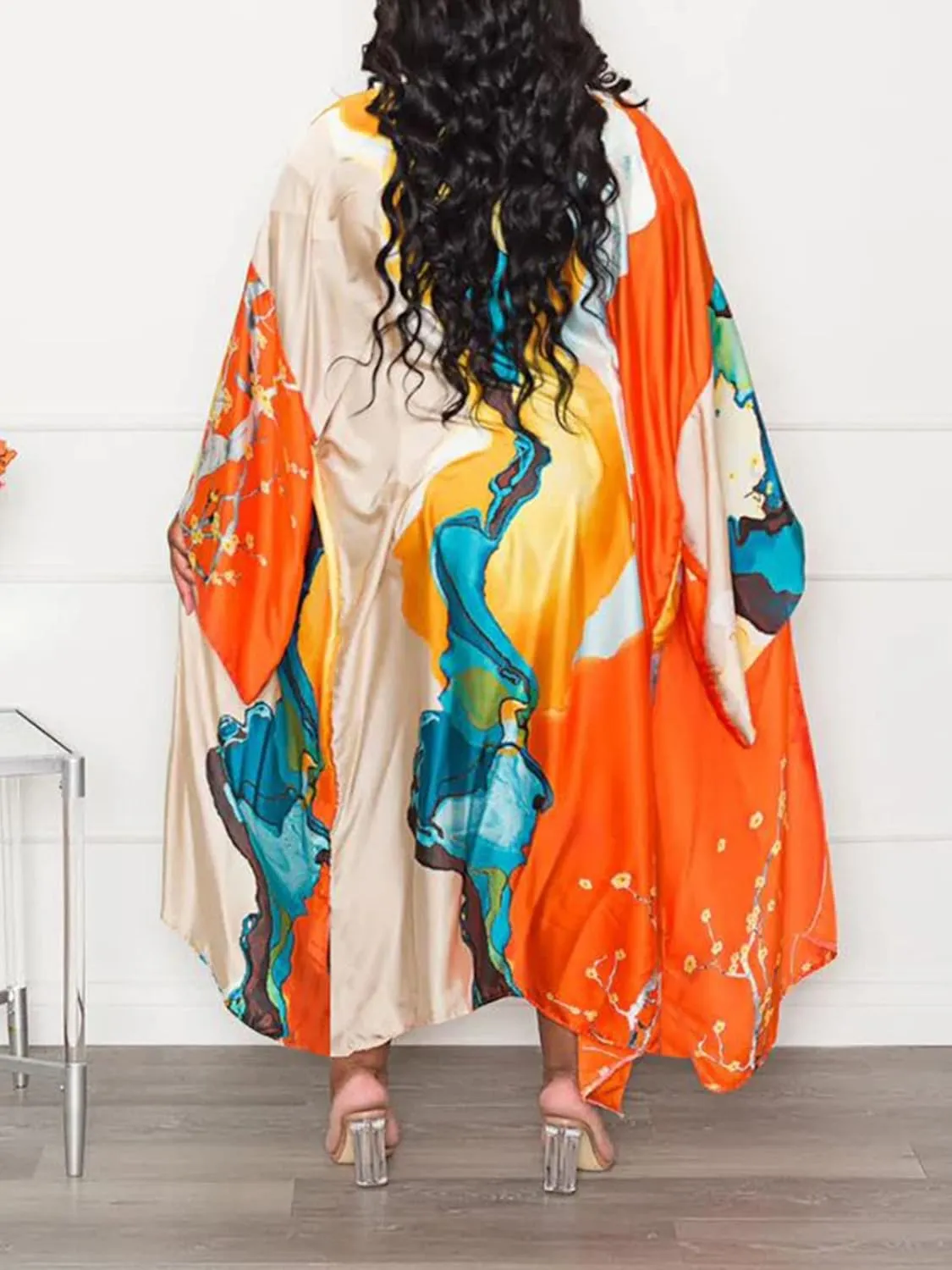 Famnbro Women's Floral Print Satin Robe Kimono Cardigan Open Front Long Cover Ups Outerwear One Size