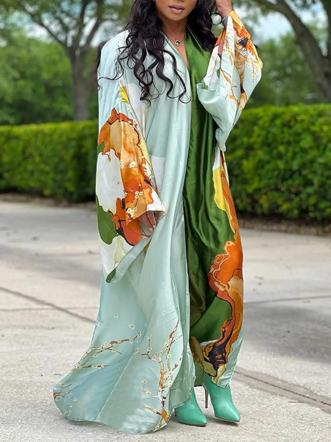 Famnbro Women's Floral Print Satin Robe Kimono Cardigan Open Front Long Cover Ups Outerwear One Size