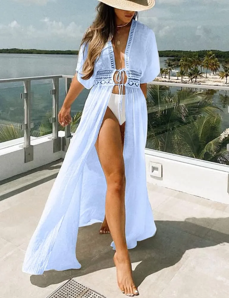 FANCYINN Womens Long Lace Cover up Sheer Bikini Coverups Kimono Tie Front Bathing Suit Swimsuit Beachwear