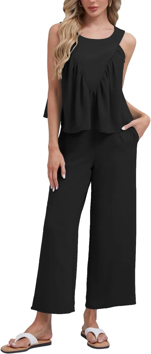 FANCYINN Women's Summer 2 Piece Outfits Peplum Ruffle Sleeveless Babydoll Tank Top Wide Leg Pants Set 2025 Tracksuit