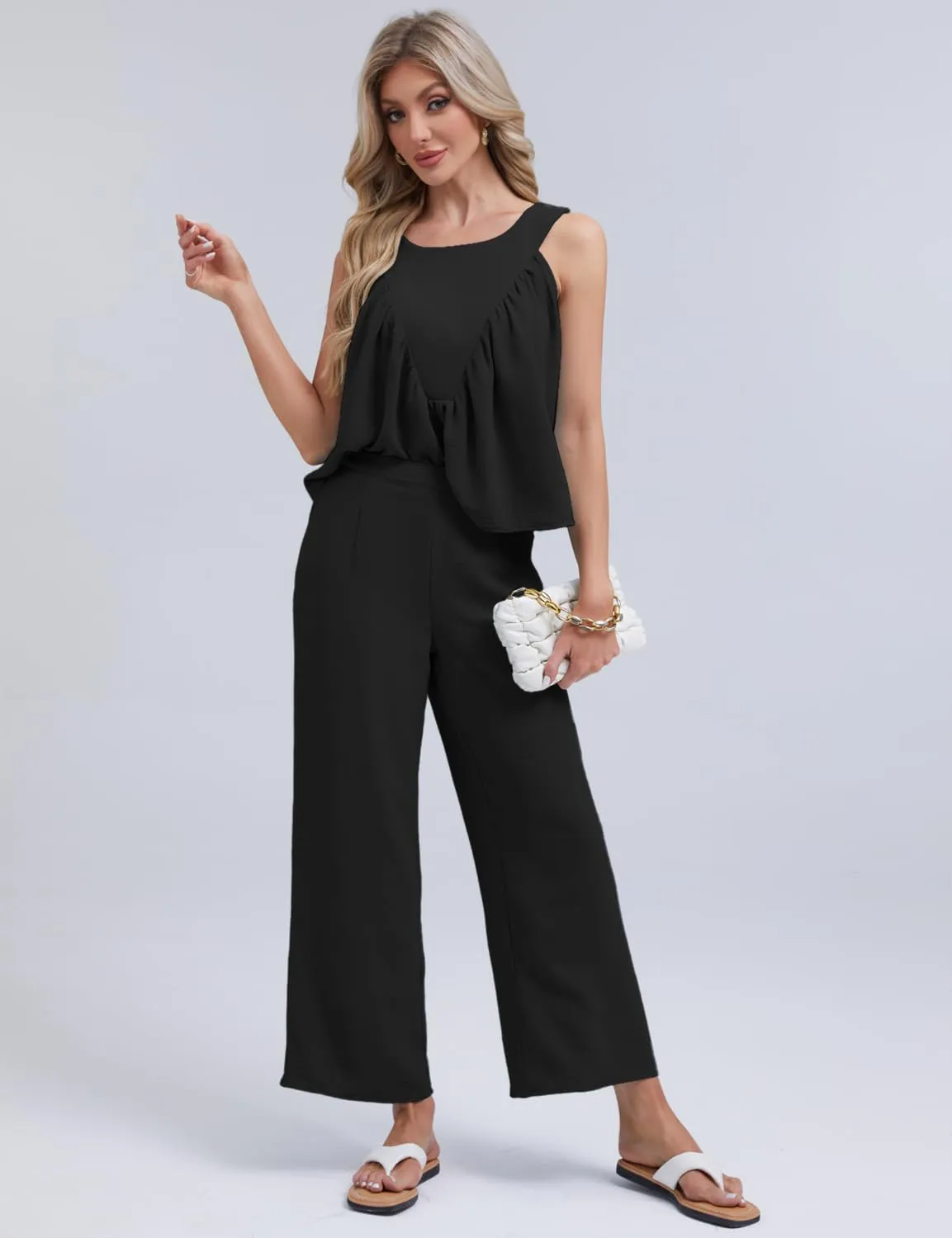 FANCYINN Women's Summer 2 Piece Outfits Peplum Ruffle Sleeveless Babydoll Tank Top Wide Leg Pants Set 2025 Tracksuit