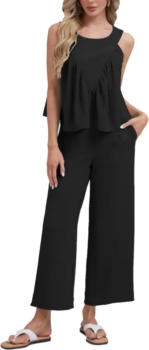 FANCYINN Women's Summer 2 Piece Outfits Peplum Ruffle Sleeveless Babydoll Tank Top Wide Leg Pants Set 2025 Tracksuit