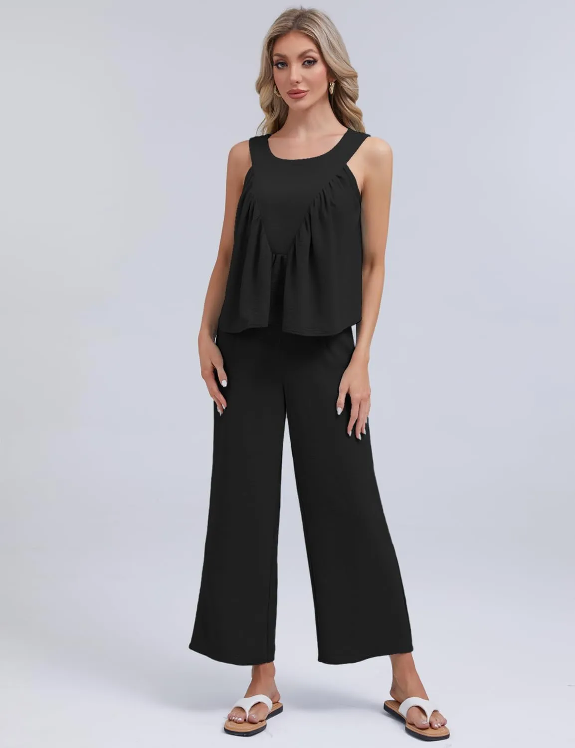 FANCYINN Women's Summer 2 Piece Outfits Peplum Ruffle Sleeveless Babydoll Tank Top Wide Leg Pants Set 2025 Tracksuit