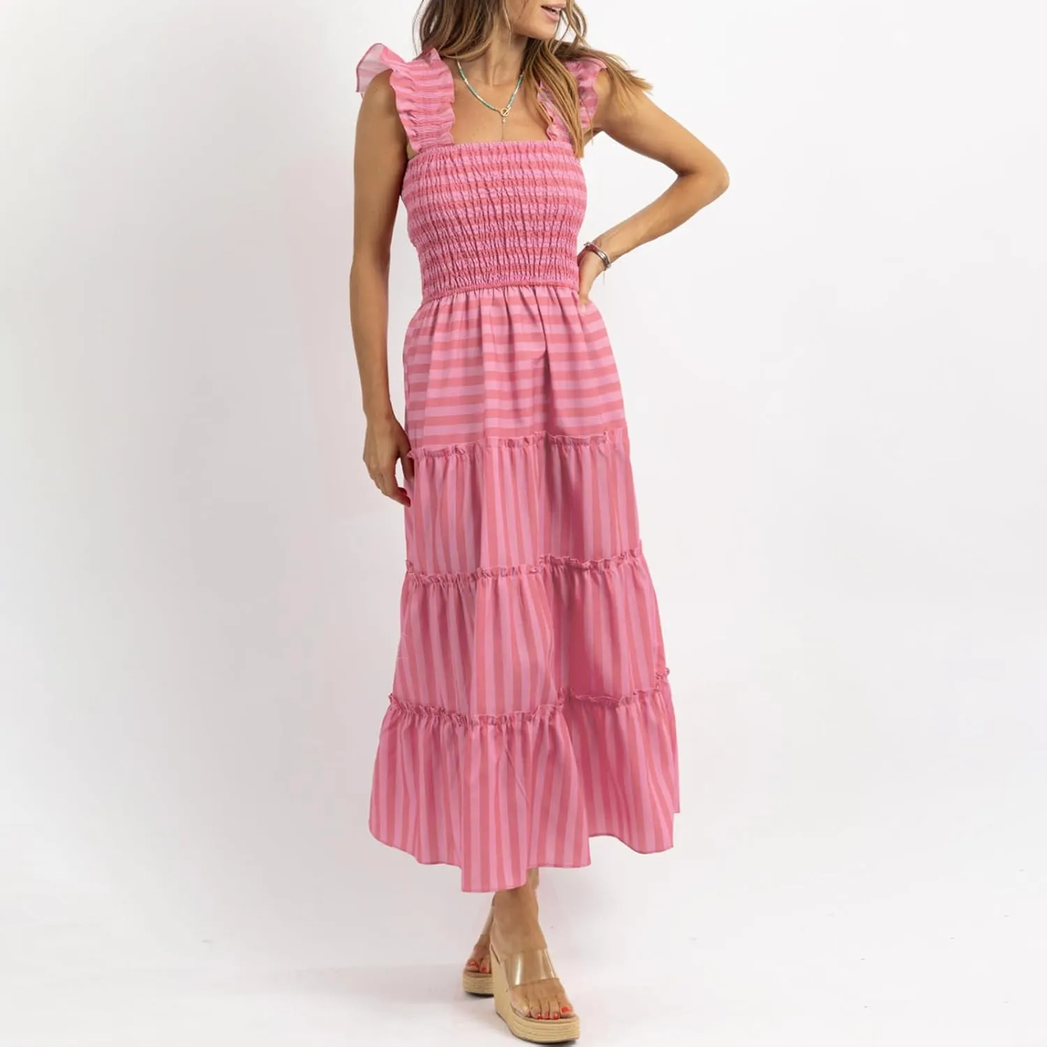 Faretumiya Women Spaghetti Strap Flowy Maxi Dress Sleeveless Stripe Print Smocked Boho Ruffle Vacation Long Beach Sundress