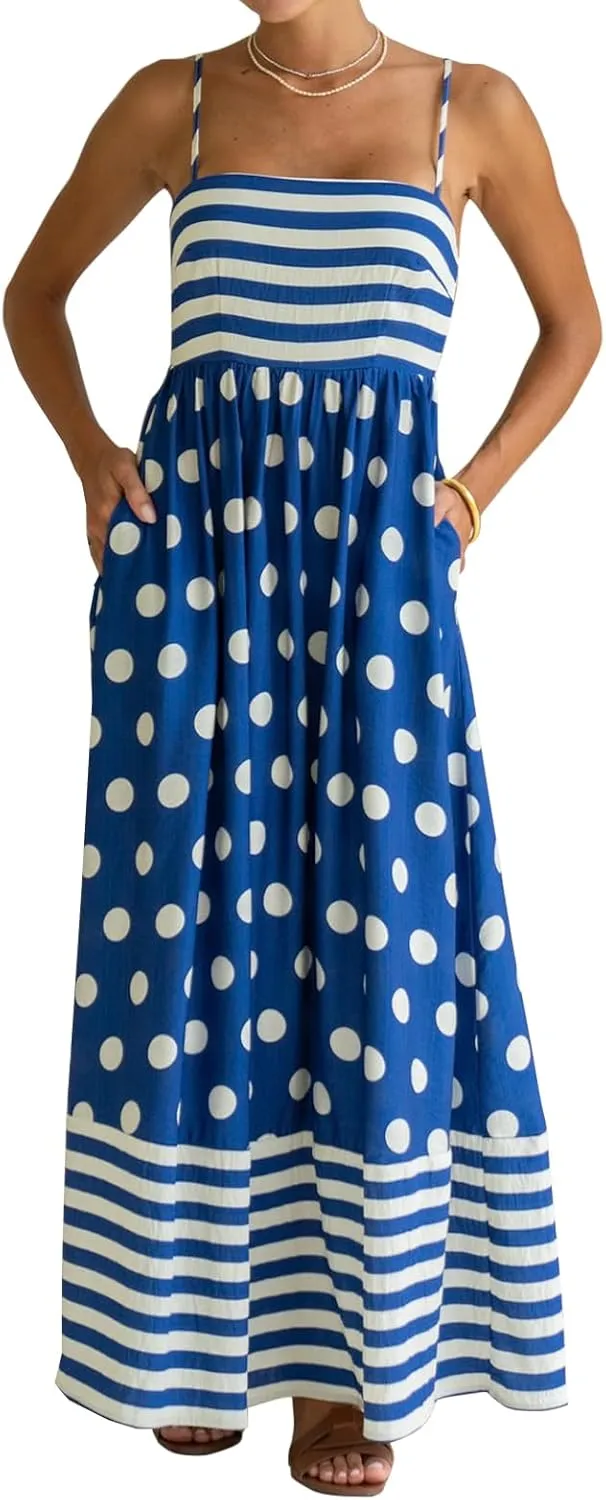 Faretumiya Women Spaghetti Strap Flowy Maxi Dress Sleeveless Stripe Print Smocked Boho Ruffle Vacation Long Beach Sundress
