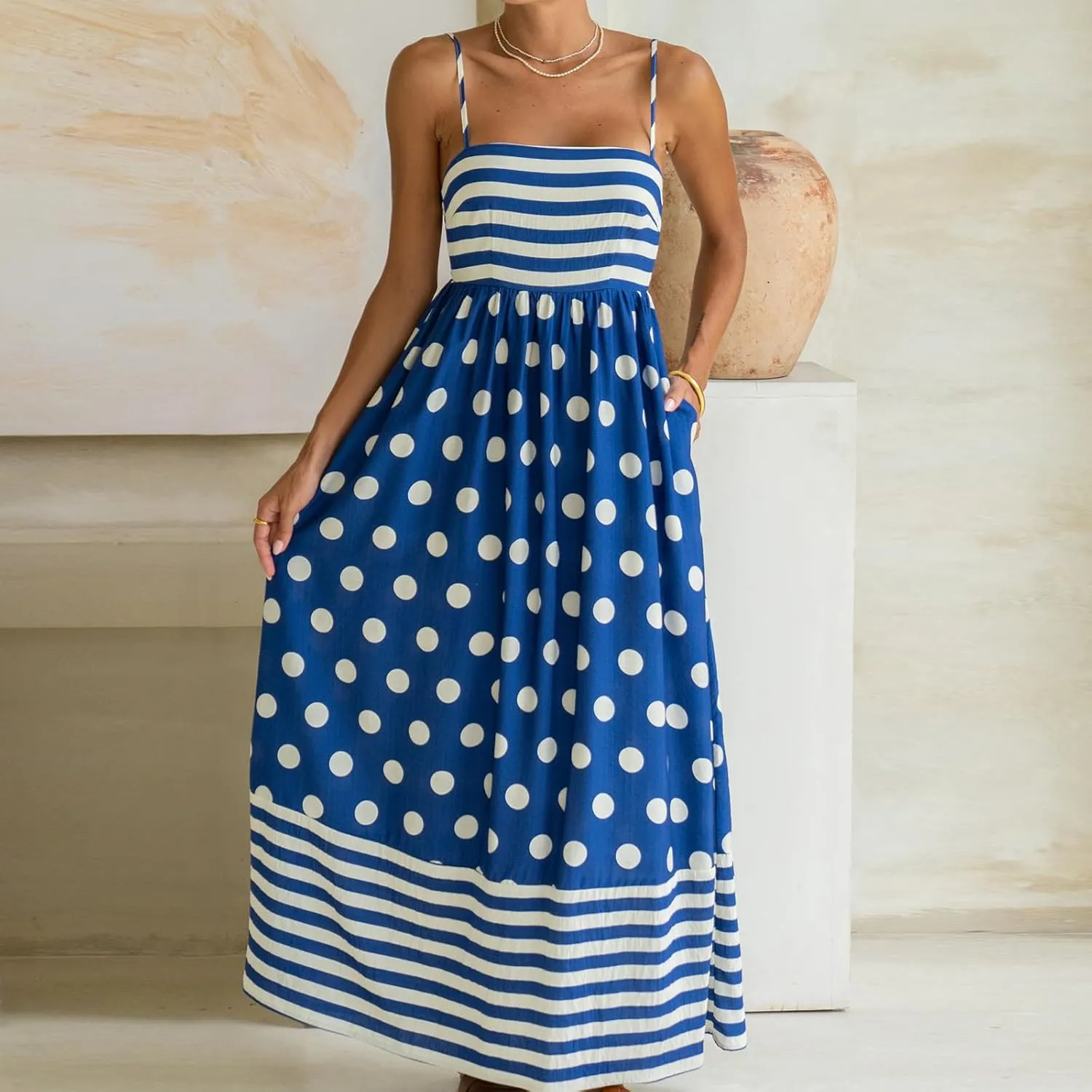 Faretumiya Women Spaghetti Strap Flowy Maxi Dress Sleeveless Stripe Print Smocked Boho Ruffle Vacation Long Beach Sundress