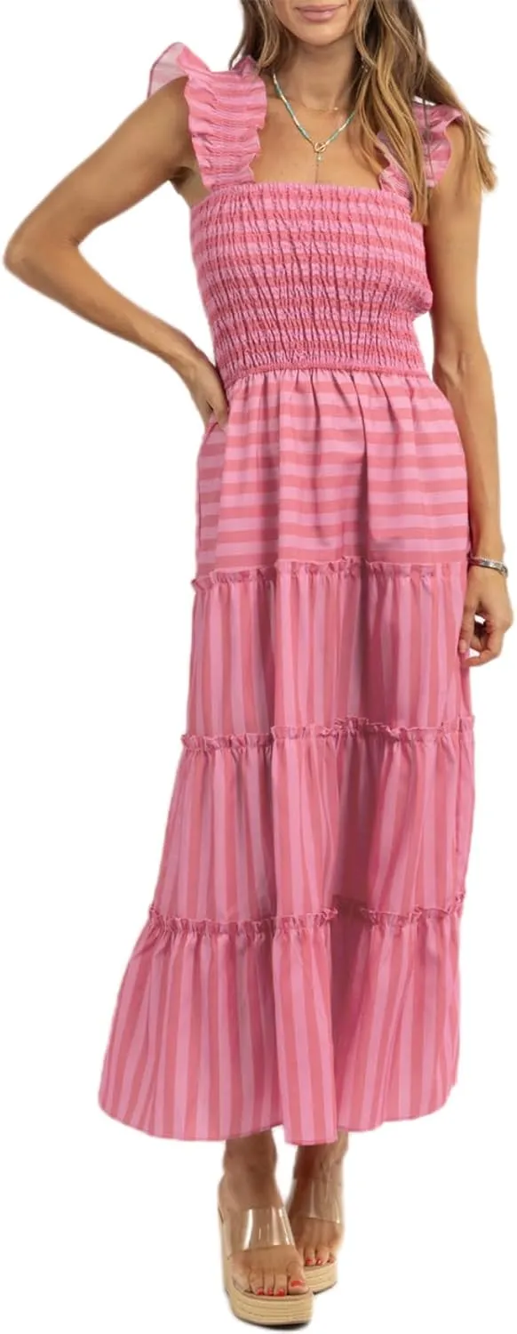 Faretumiya Women Spaghetti Strap Flowy Maxi Dress Sleeveless Stripe Print Smocked Boho Ruffle Vacation Long Beach Sundress