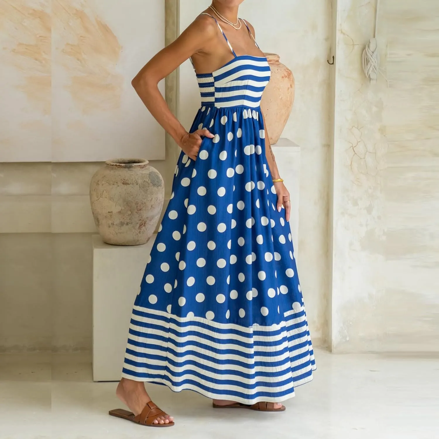Faretumiya Women Spaghetti Strap Flowy Maxi Dress Sleeveless Stripe Print Smocked Boho Ruffle Vacation Long Beach Sundress