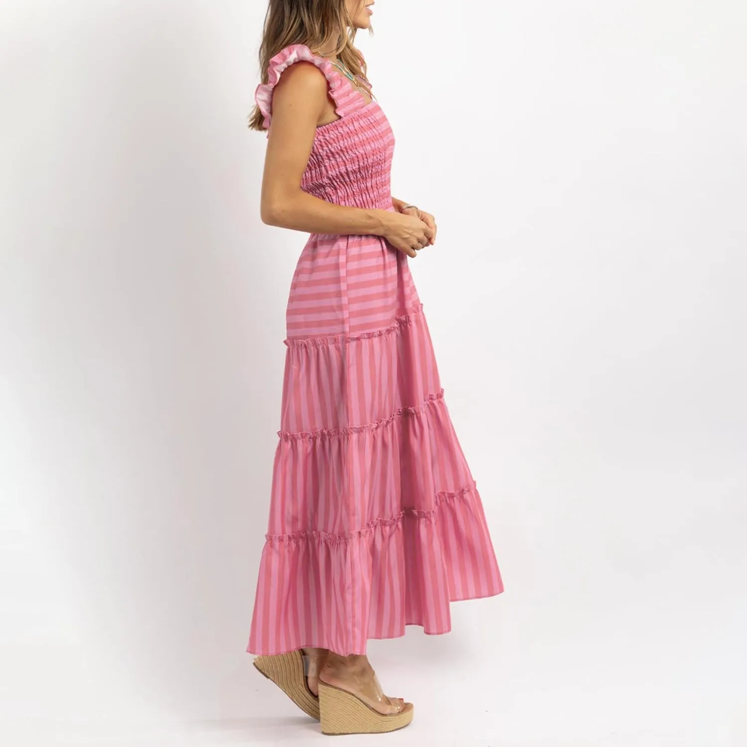 Faretumiya Women Spaghetti Strap Flowy Maxi Dress Sleeveless Stripe Print Smocked Boho Ruffle Vacation Long Beach Sundress