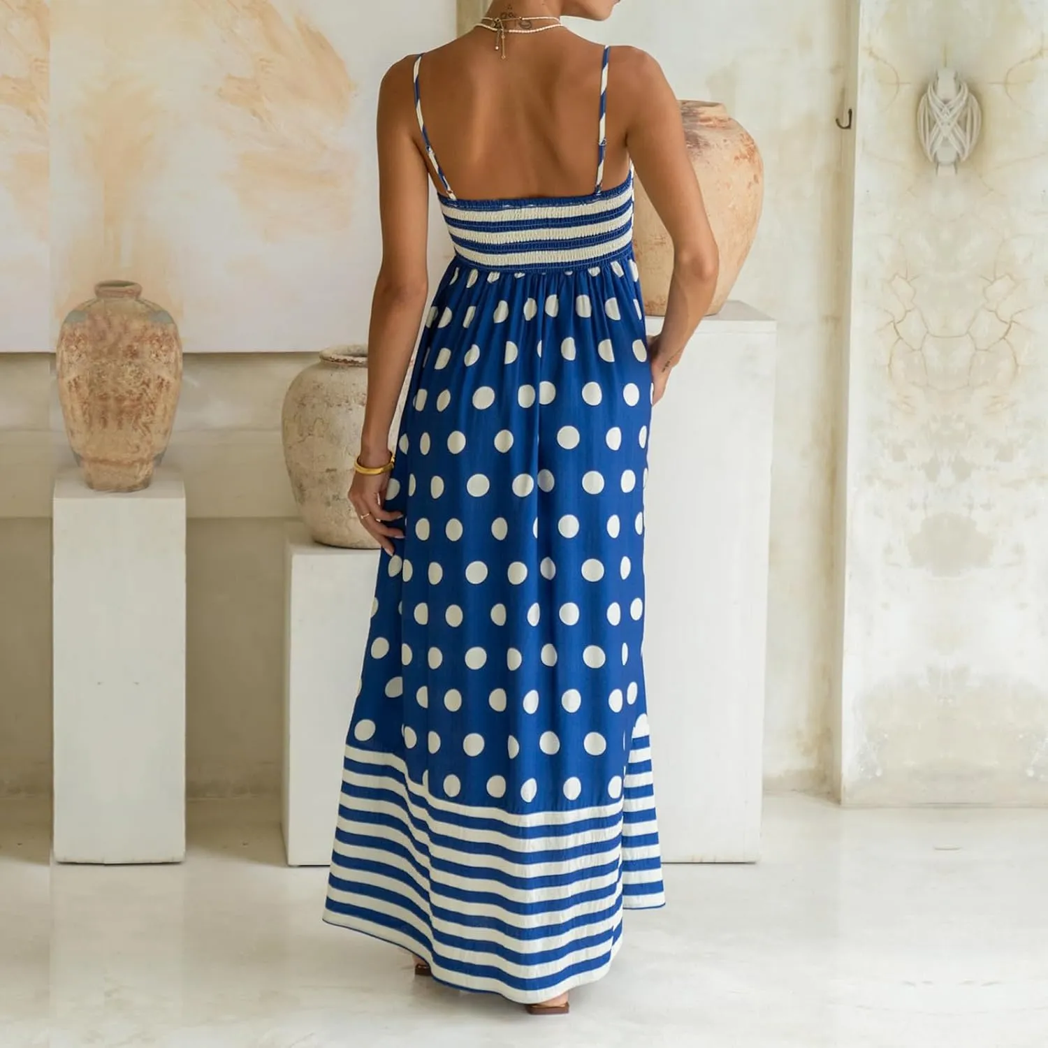 Faretumiya Women Spaghetti Strap Flowy Maxi Dress Sleeveless Stripe Print Smocked Boho Ruffle Vacation Long Beach Sundress