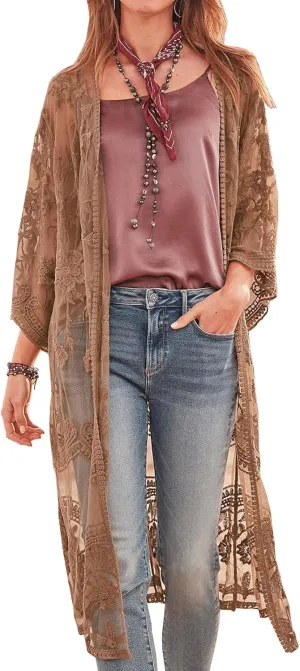 FaroDor Women's Long Flowy Lace Beach Kimono Cardigan Crochet Swim Cover Up