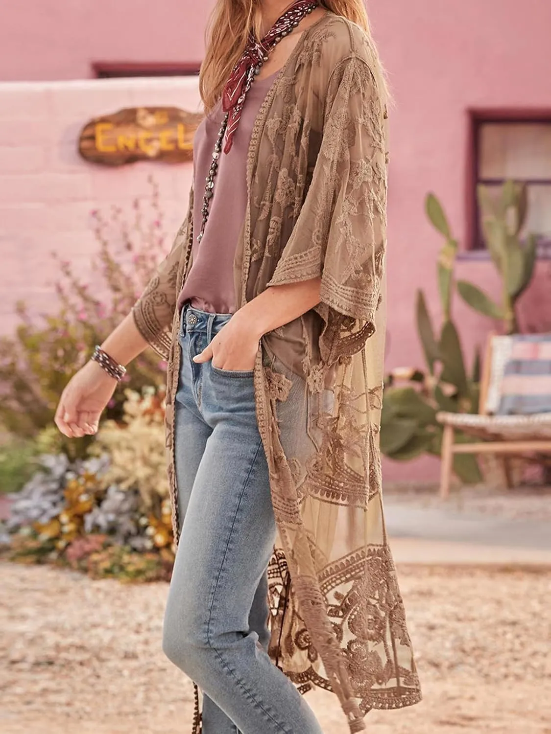 FaroDor Women's Long Flowy Lace Beach Kimono Cardigan Crochet Swim Cover Up