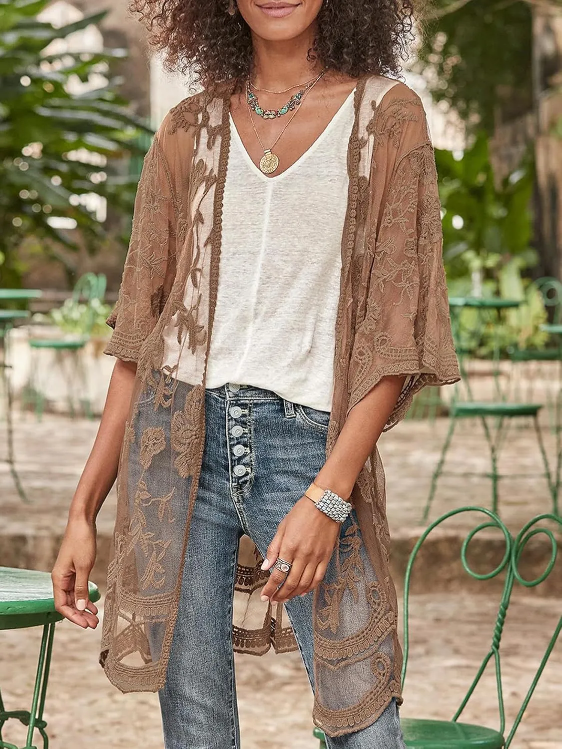 FaroDor Women's Long Flowy Lace Beach Kimono Cardigan Crochet Swim Cover Up