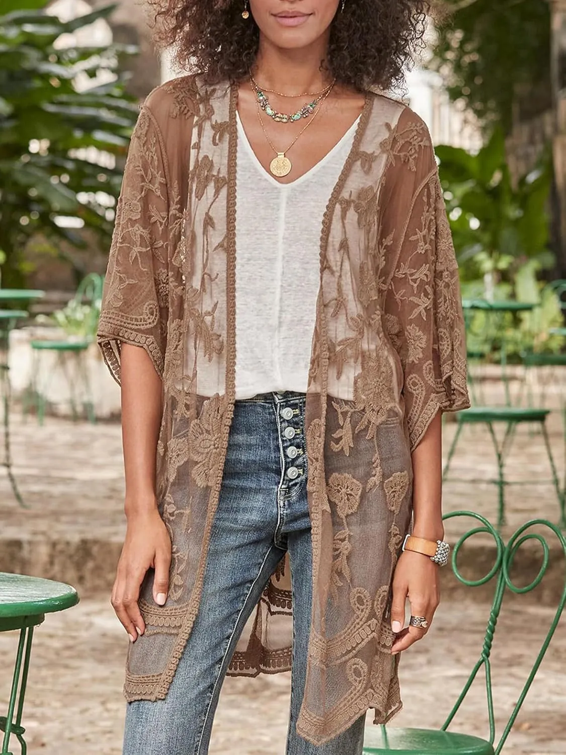 FaroDor Women's Long Flowy Lace Beach Kimono Cardigan Crochet Swim Cover Up