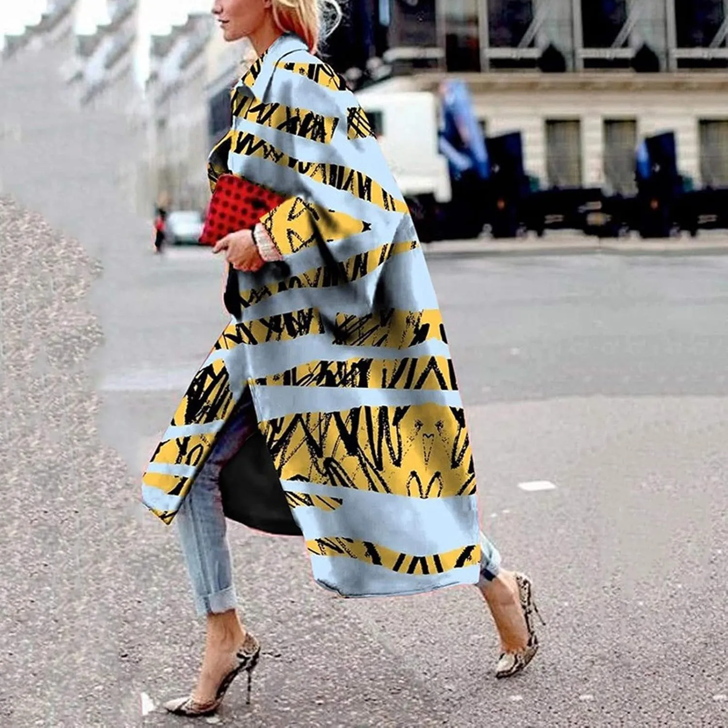 Fashion Women Printed Pocket Jacket Outerwear Cardigan Overcoat Long Trench Coat