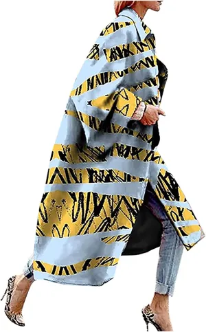 Fashion Women Printed Pocket Jacket Outerwear Cardigan Overcoat Long Trench Coat