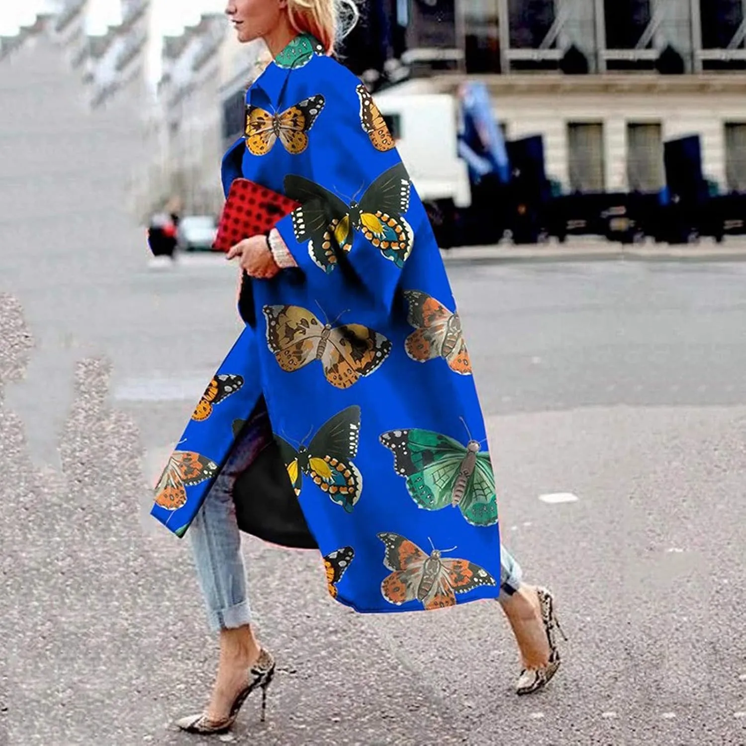 Fashion Women Printed Pocket Jacket Outerwear Cardigan Overcoat Long Trench Coat