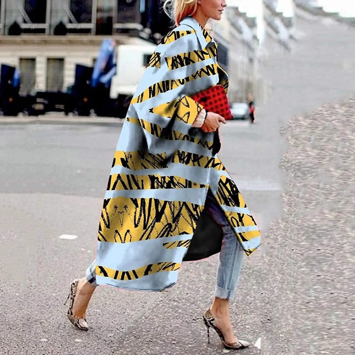 Fashion Women Printed Pocket Jacket Outerwear Cardigan Overcoat Long Trench Coat