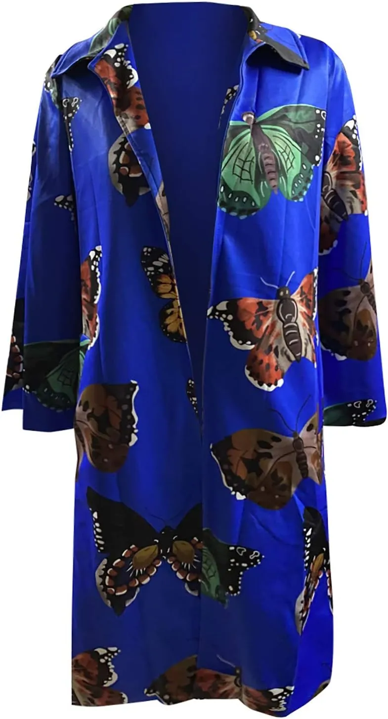 Fashion Women Printed Pocket Jacket Outerwear Cardigan Overcoat Long Trench Coat