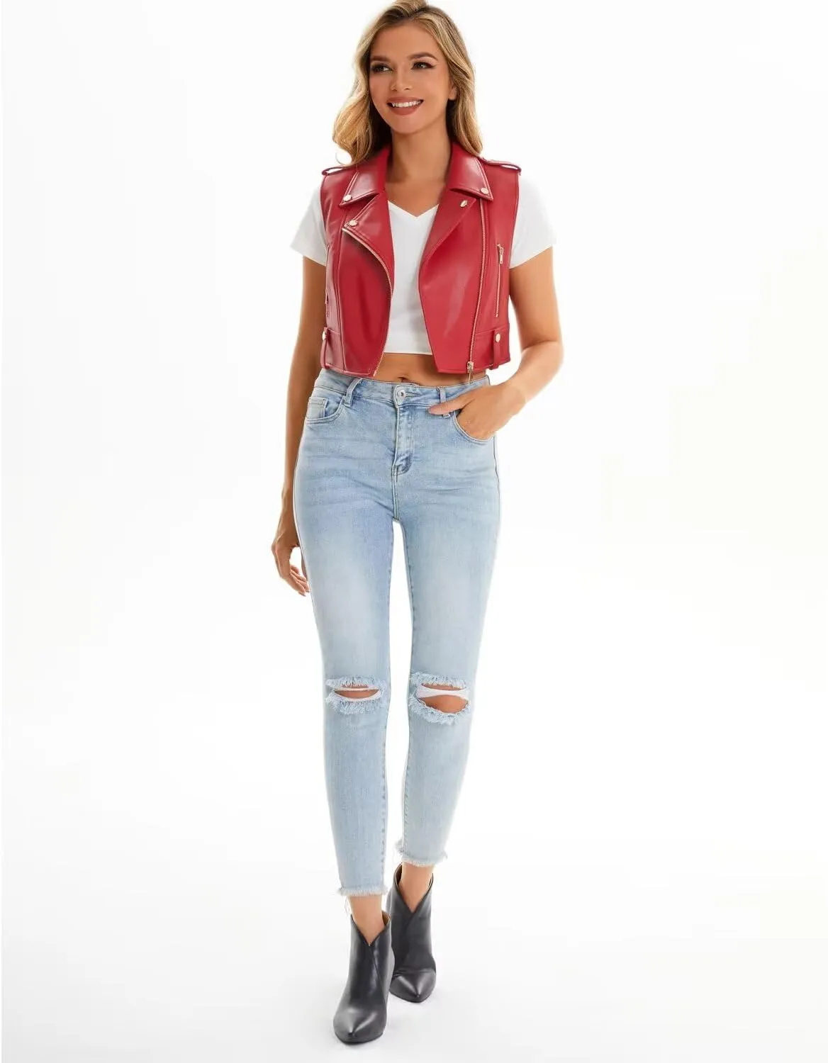 Faux Leather Vest For Women Zipper Cropped Sleeveless Biker Moto Slim PU Motorcycle Waistcoat