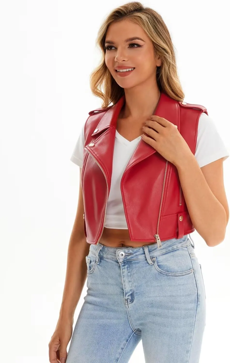 Faux Leather Vest For Women Zipper Cropped Sleeveless Biker Moto Slim PU Motorcycle Waistcoat