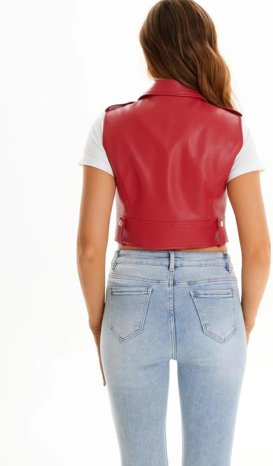 Faux Leather Vest For Women Zipper Cropped Sleeveless Biker Moto Slim PU Motorcycle Waistcoat