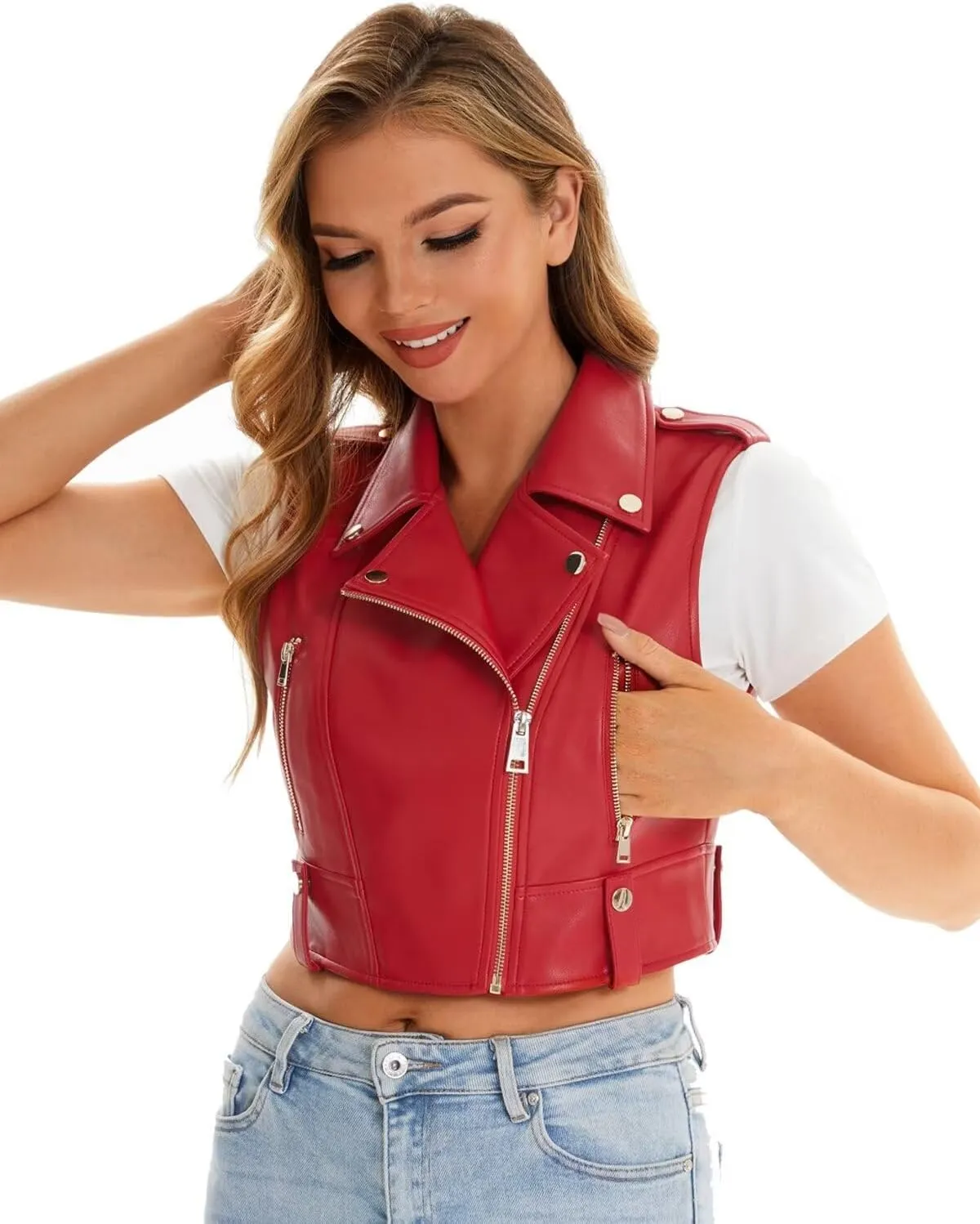 Faux Leather Vest For Women Zipper Cropped Sleeveless Biker Moto Slim PU Motorcycle Waistcoat