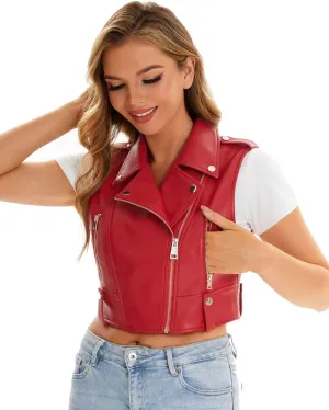 Faux Leather Vest For Women Zipper Cropped Sleeveless Biker Moto Slim PU Motorcycle Waistcoat
