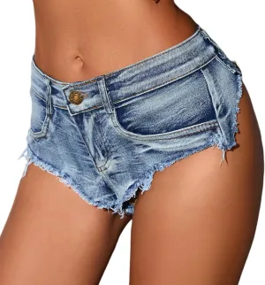 FEOYA Women's Low Rise Denim Shorts Sexy Cut Off Mini Hot Pants Lace Up Frayed Cheeky Booty Shorts Clubwear