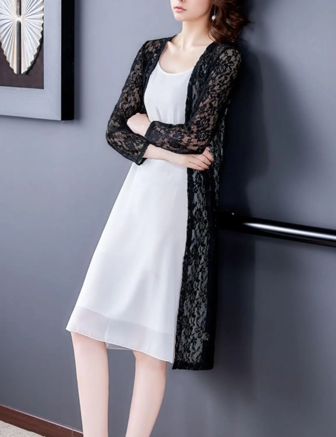 FindThy Womens Casual Long Duster Cardigan 3/4 Sleeve Open Front Embroidered Lace Kimono Cover Up